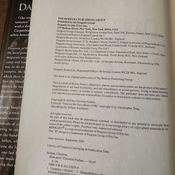 Dark Peril (A Carpathian Novel) Christine Feehan, Hardcover, Paranormal Romance - Picture 8 of 9